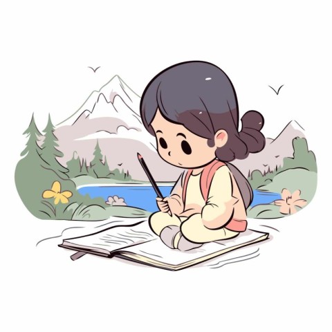 Little girl writing on a book in the mountains.