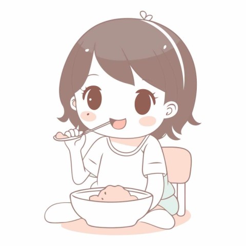 Illustration of a cute little girl eating a bowl of porridge