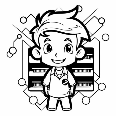 Black and White Cartoon Illustration of Cute Boy Student Charact