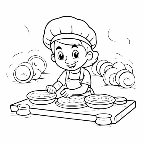 Black and White Cartoon Illustration of Cute Little Boy Chef Coo