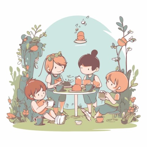 Children in the garden drinking tea. Vector hand drawn cartoon i