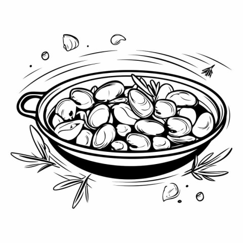 Hand drawn sketch of broad beans in a bowl.