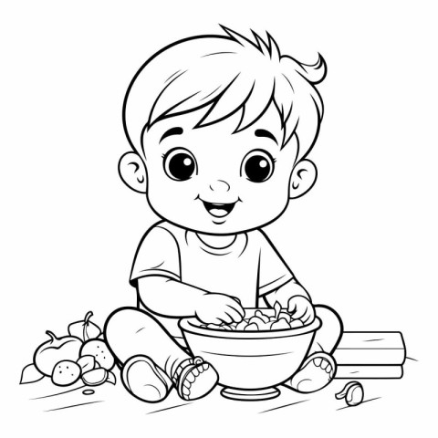 Little boy eating healthy food. black and white vector illustrat