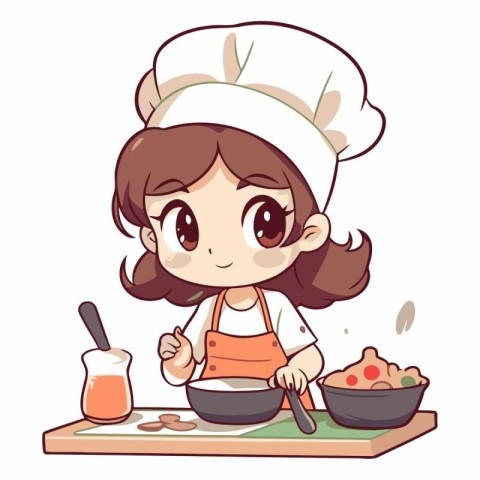 Cute little chef girl cooking in the kitchen.