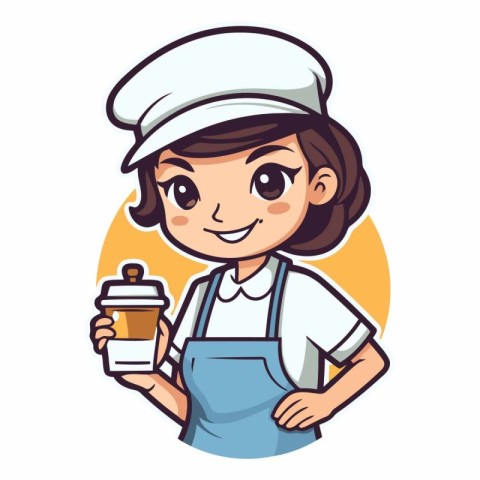 Cute cartoon chef girl in apron and cap holding a coffee cup