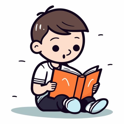 Cute boy reading a book in cartoon style.