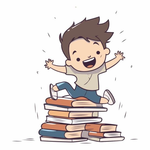 Happy boy sitting on a pile of books. Vector cartoon illustratio