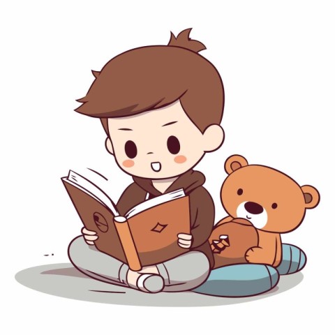 Boy reading a book with his teddy bear.