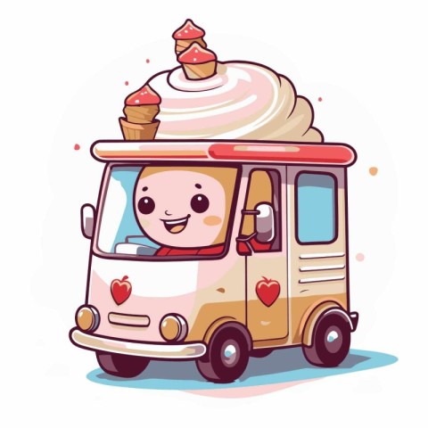 Cute ice cream truck with cute cartoon character.