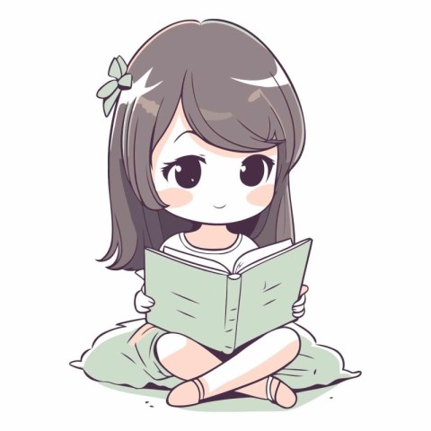 Cute little girl reading a book in cartoon style.