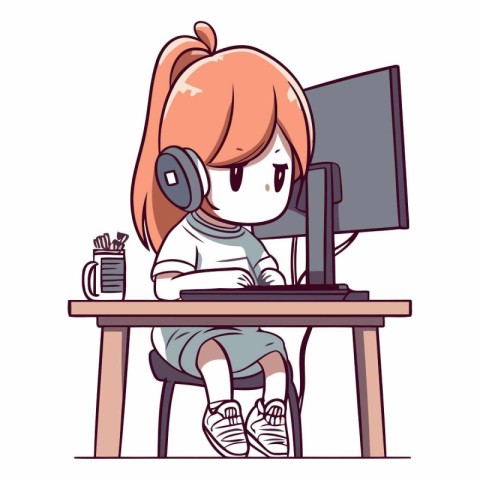 Illustration of a Cute Girl Sitting at Her Desk and Playing Comp