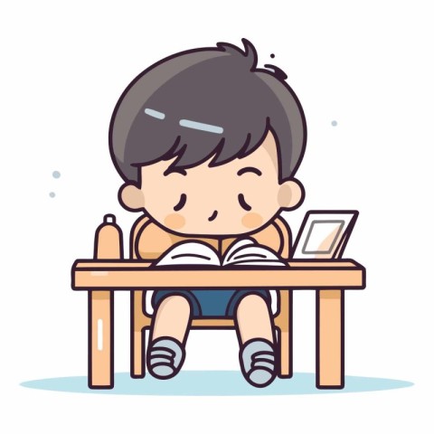 Boy studying with laptop. Cute cartoon character.