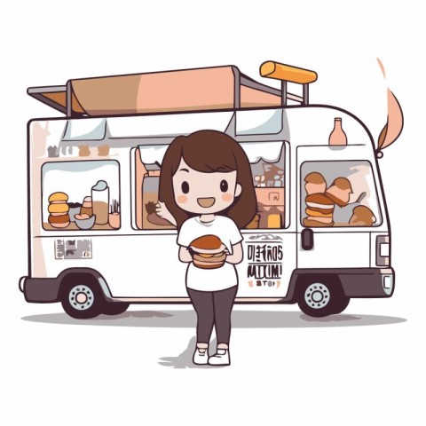 Street food truck with young woman and hamburger.