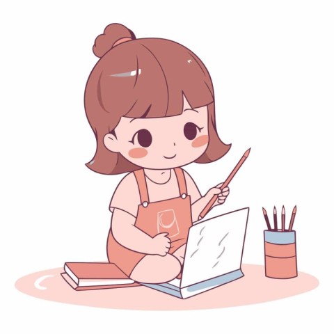 Cute little girl drawing with pencils and laptop.