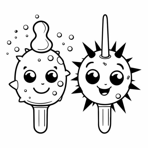 Cute cartoon ice cream. Black and white vector illustration for