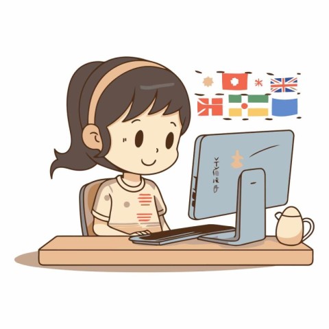 Illustration of a Kid Girl Using a Desktop Computer While Studyi