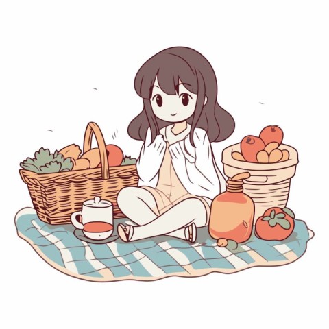 A girl who is sitting on the floor with a basket of food