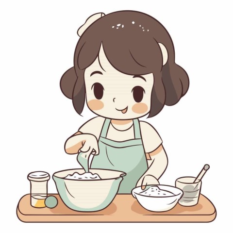 Illustration of a Cute Little Girl Mixing Ingredients in a Bowl