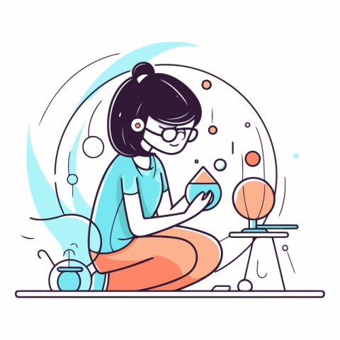 Vector illustration of a girl in glasses and a blue T-shirt sits