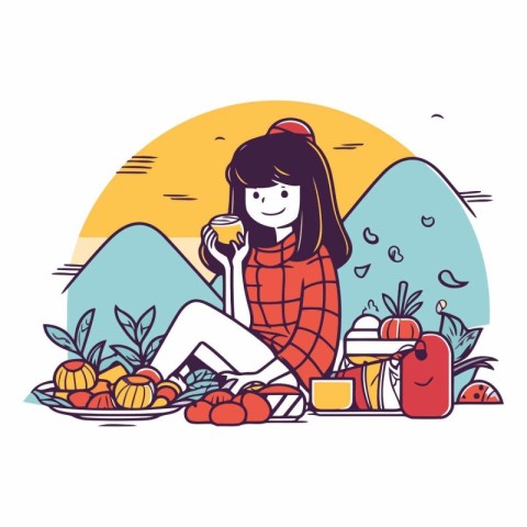 Girl drinking coffee in the mountains in cartoon style.