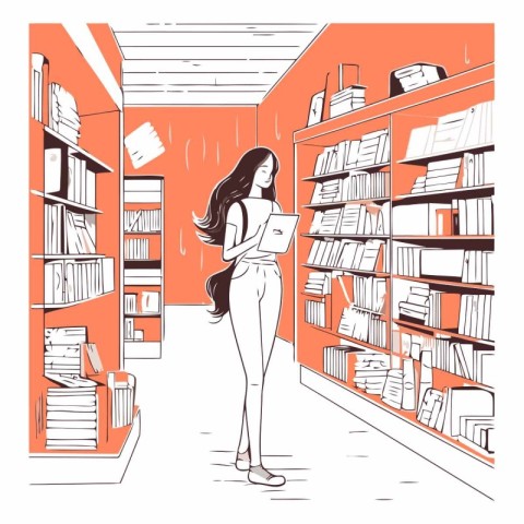 Vector illustration of a girl standing in a book store or librar