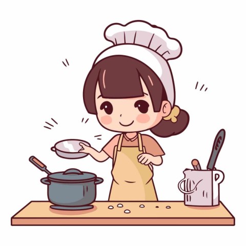 Illustration of a Cute Girl Cooking in the Kitchen with a Pot