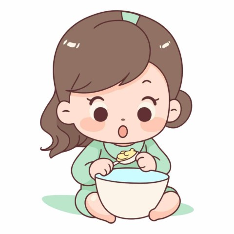 Illustration of a Cute Little Girl Eating a Bowl of Corn