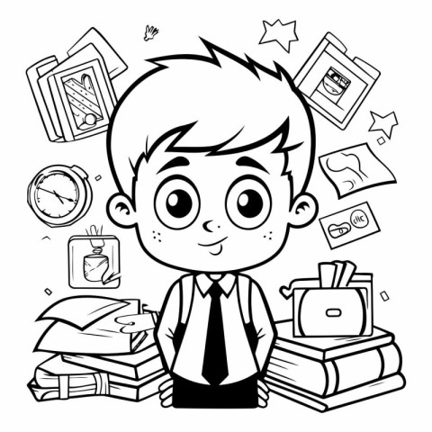 Black and White Cartoon Illustration of Schoolboy or Student Boy