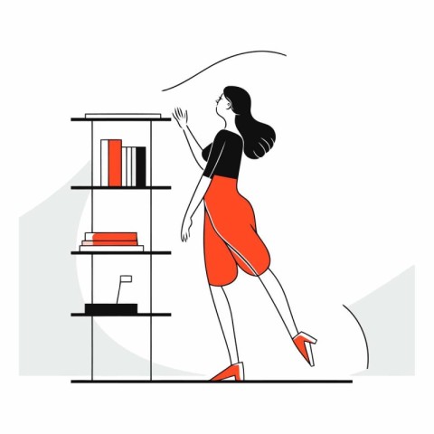 Vector illustration of a woman standing at the bookshelf in the