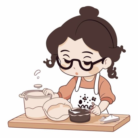 Illustration of a Little Girl Cooking in the Kitchen with Her Bo