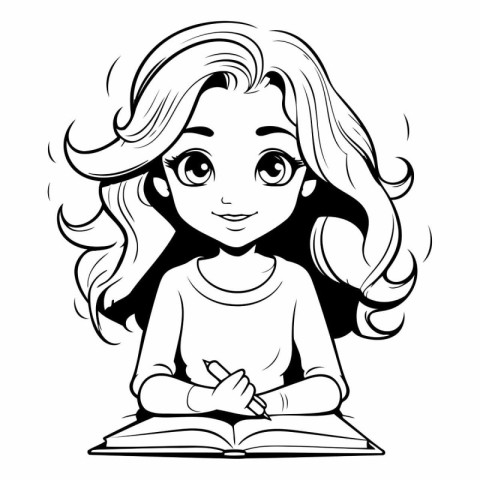 Black and White Cartoon Illustration of Cute Girl Reading a Book