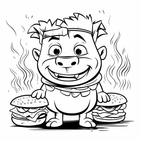 Cartoon Illustration of Funny Chinese Chef Character with Burger