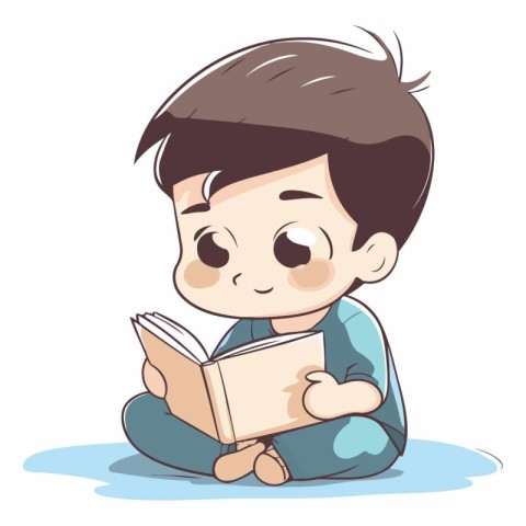 Cute little boy reading a book in cartoon style.