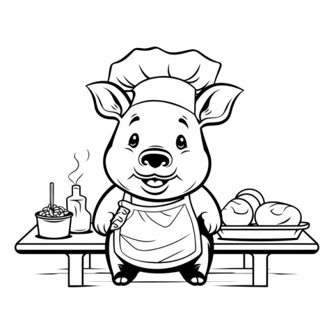 Black and White Cartoon Illustration of Pig Chef for Coloring Bo