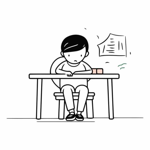 Boy sitting at the table and doing homework. Doodle vector illus