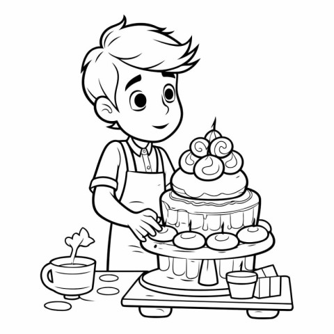 Black and White Cartoon Illustration of Little Boy Decorating a