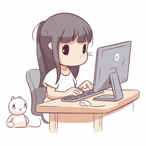 Girl working on a computer with a cat in cartoon style.