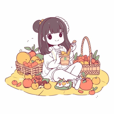 Illustration of a cute little girl sitting on a picnic with frui