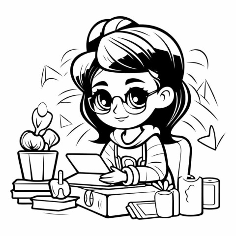 Black and White Cartoon Illustration of Teenage Girl Studying or