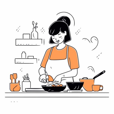 Vector illustration of a woman cooking in the kitchen. Line art