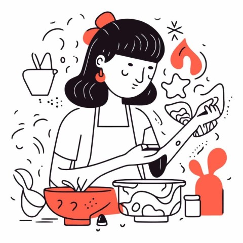 Woman cooking in the kitchen in line art style.