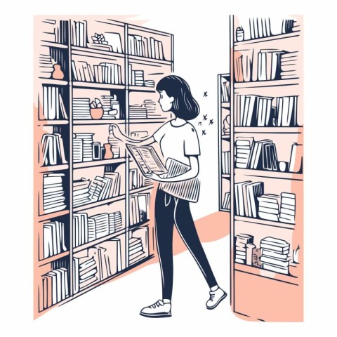 Woman reading a book in a library. Hand drawn vector illustratio