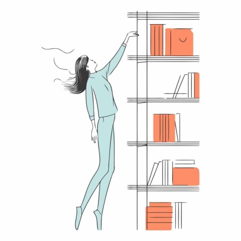 Vector illustration of a woman standing in a bookcase with books