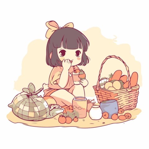 Illustration of a cute little girl with a basket full of food