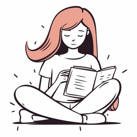 Vector illustration of a girl reading a book sitting on the floo