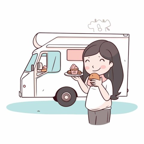 Illustration of a woman eating a donut in front of a trailer