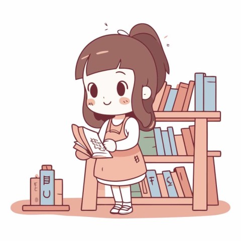 Girl reading a book in library in cartoon style.