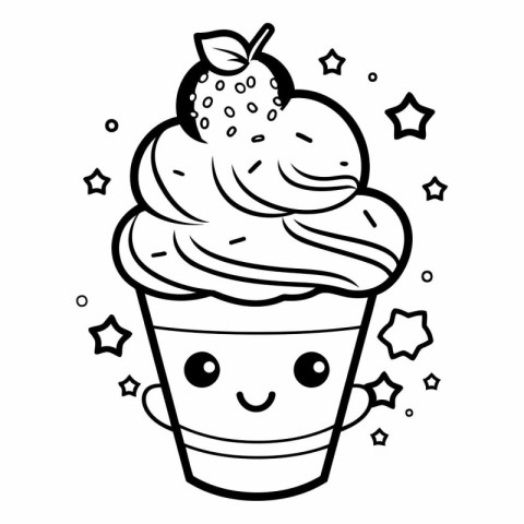 Cute cartoon ice cream with strawberry and stars.