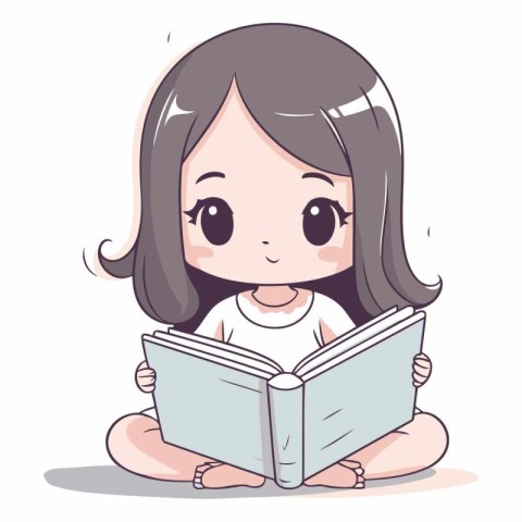 Cute little girl reading a book in cartoon style.