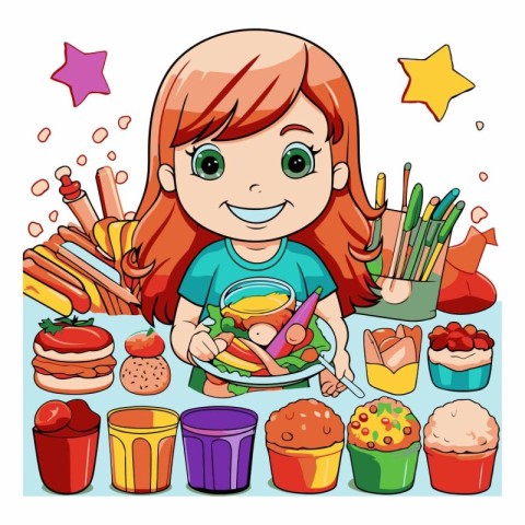 Cute little girl eating healthy food of a cartoon girl eating he